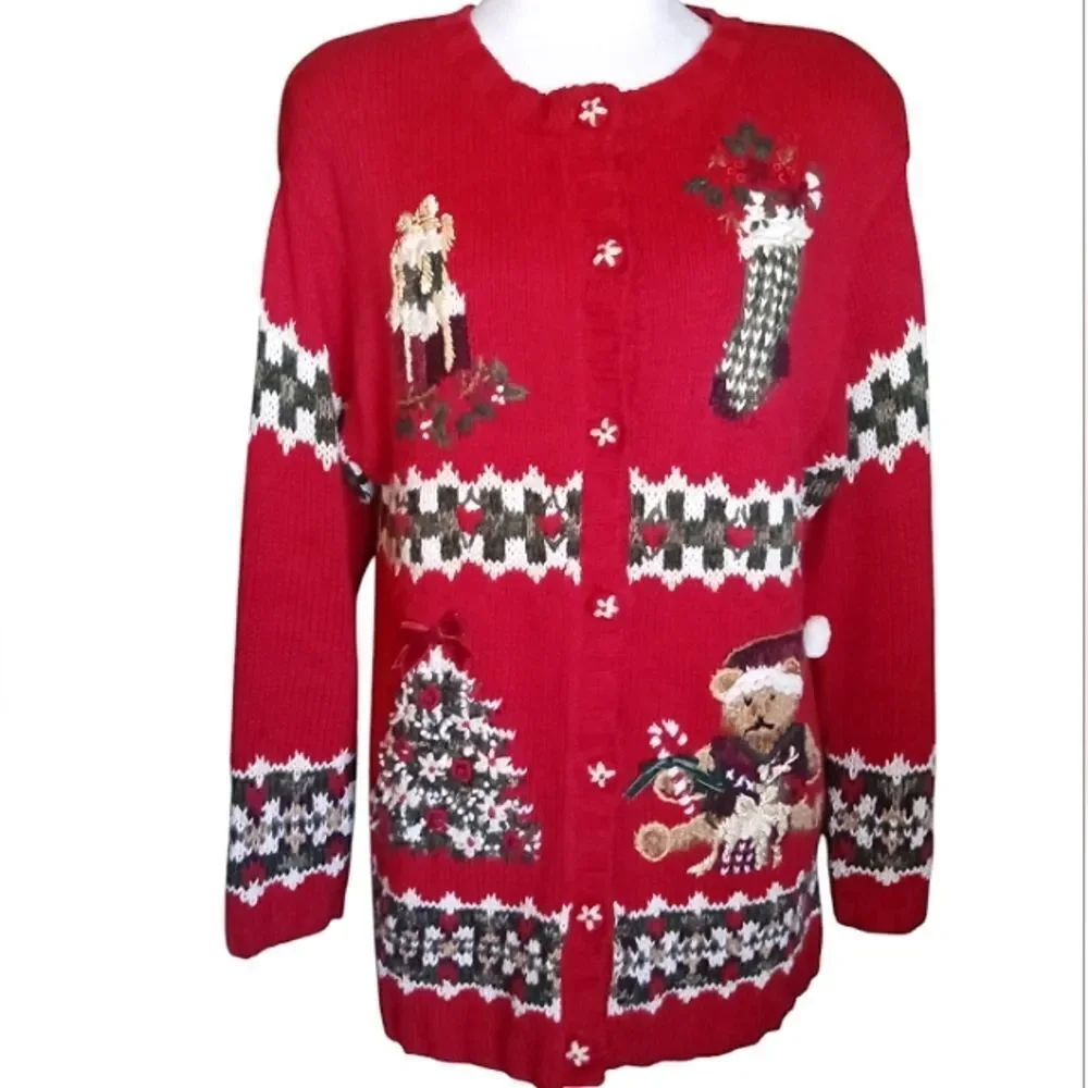 Vintage Petite Sophisticates Christmas Knit Fair Isle Button Up Cardigan Medium - Picture 1 of 7